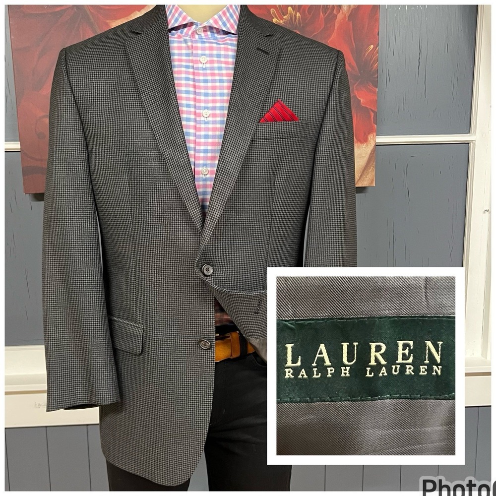 Lauren Ralph Lauren Blazer Mens 42L Long Polyester Rayon Gray/Black Houndstooth